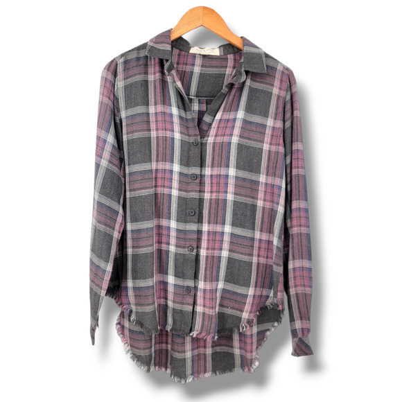 Cloth & Stone Women's High Low Raw Frayed Hem Plaid Button Down Shirt Gray Small - Picture 3 of 13